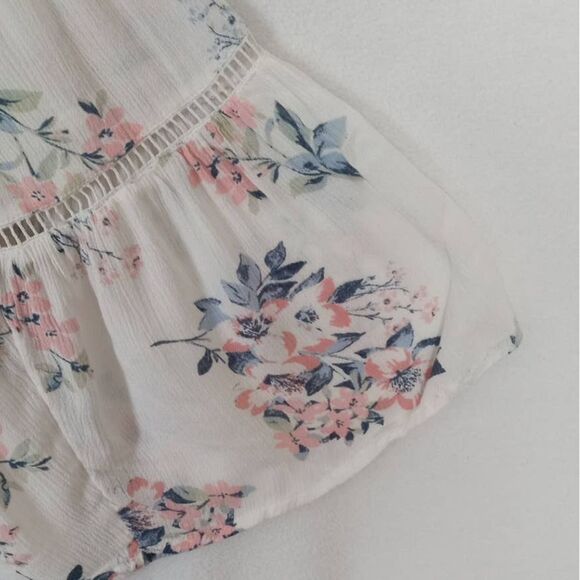 Hollister Top Blouse Womens Medium White Blue Pink Floral Bell Sleeves Drawstrin - Picture 5 of 10